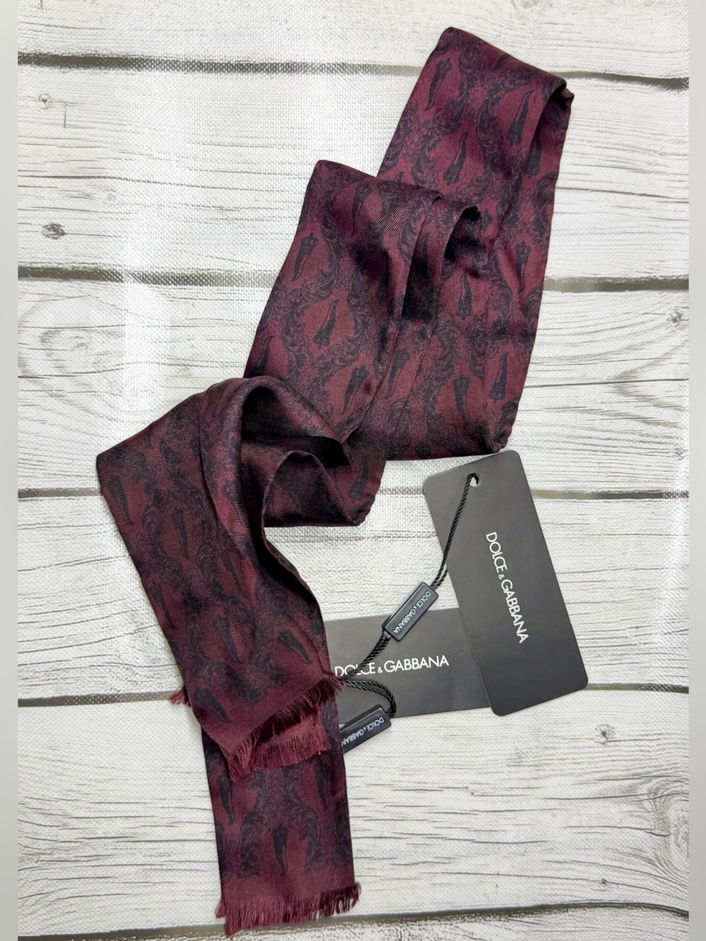 BRAND NEW Dolce & Gabbana 100% Silk Scarf Maroon Patterned Foulard Wrap